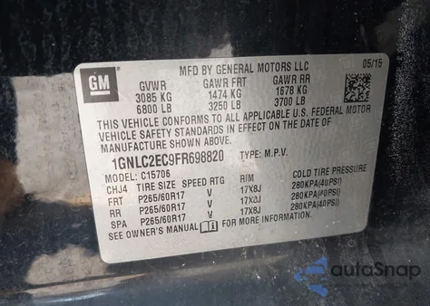 2015 Chevrolet Tahoe Commercial Fleet из США, поврежденный, VIN 1GNLC2EC9FR698820